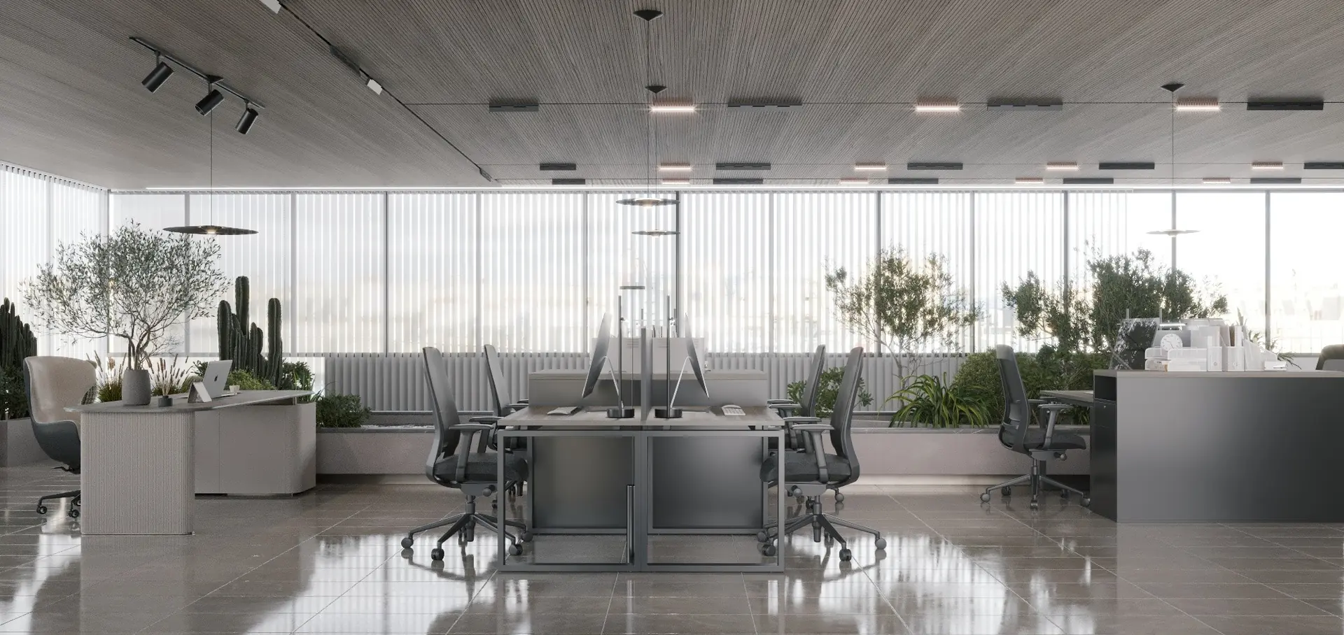 Open corporate office workspace with integrated indoor landscaping