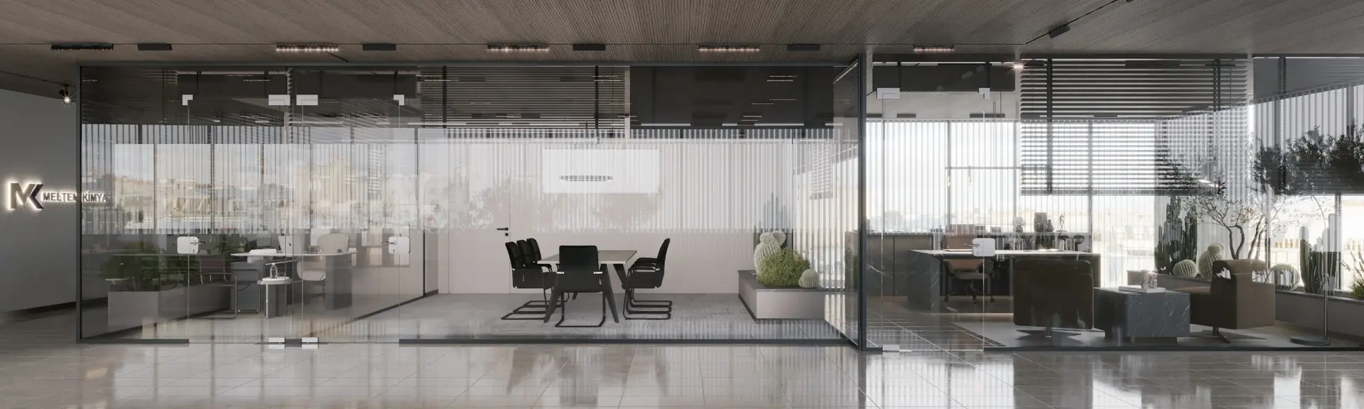Glass-partitioned meeting and office areas