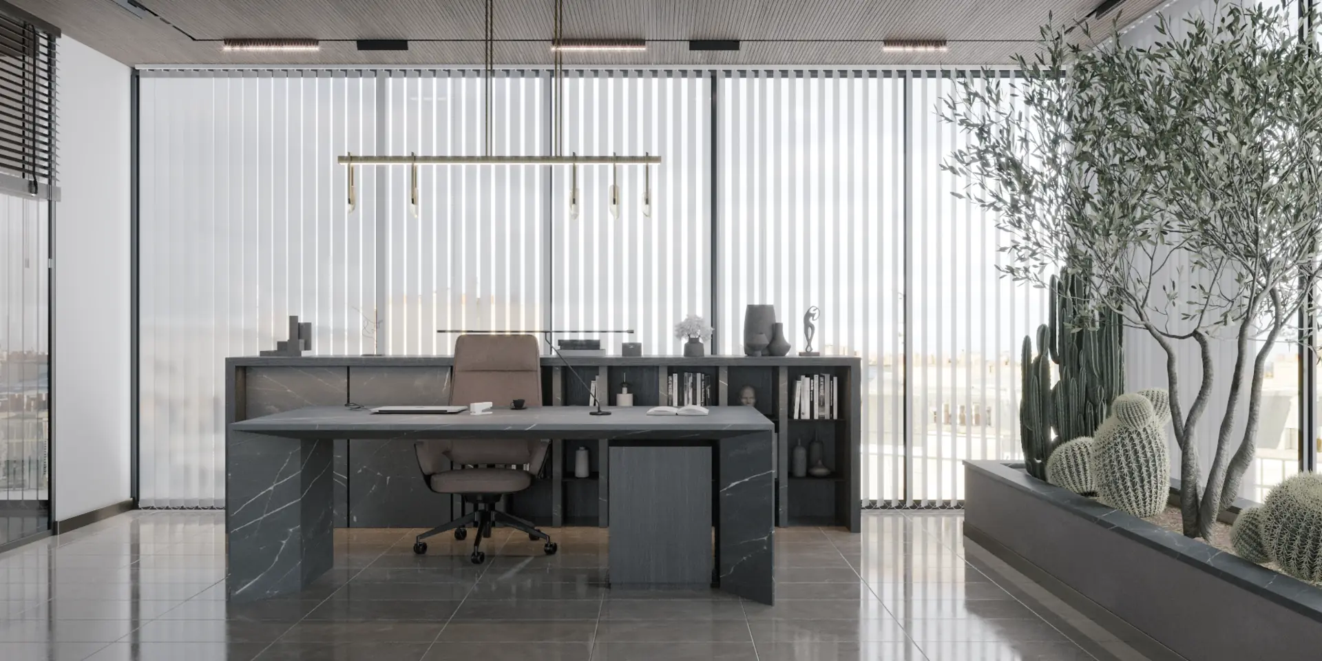 Executive office with custom desk and indoor planting
