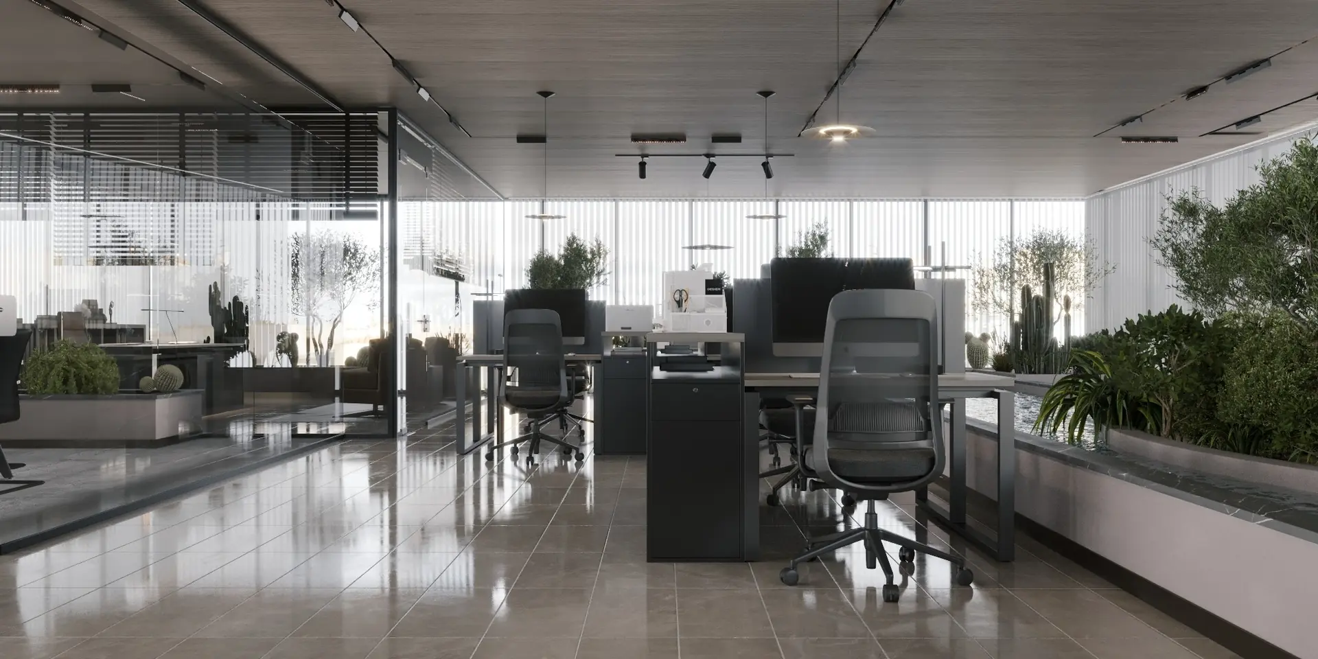 Modern open-plan workstations with natural planting