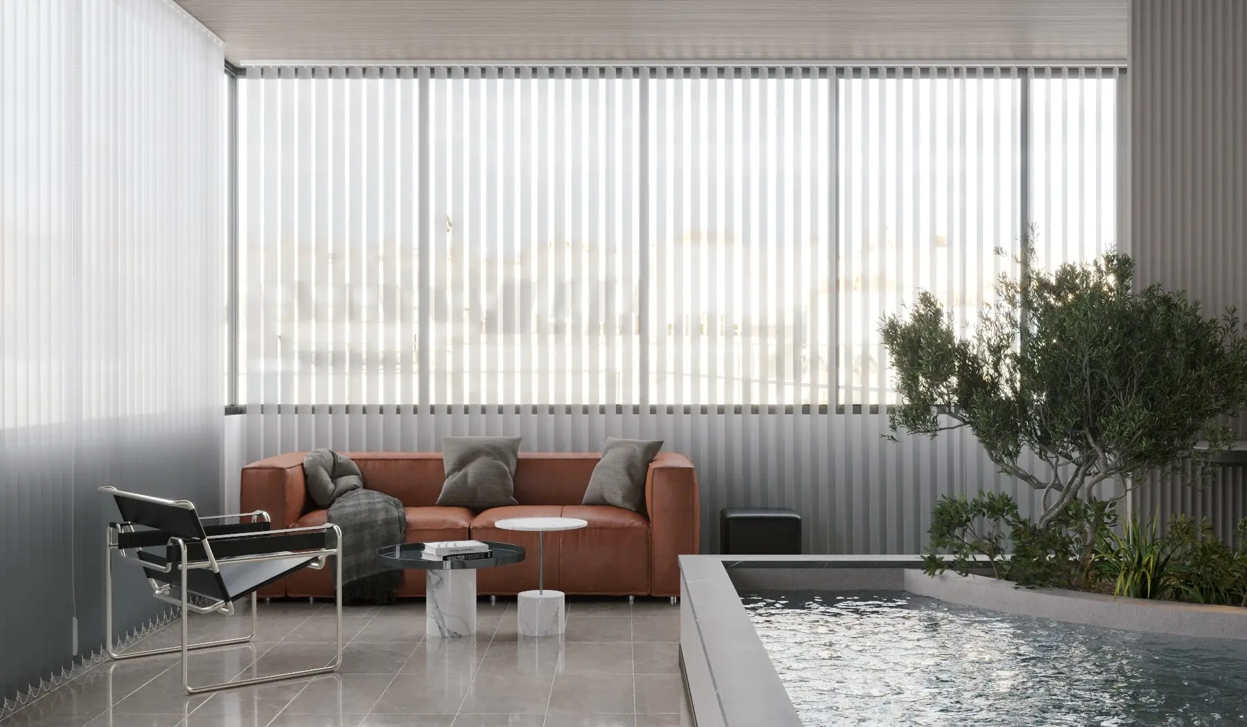 Corporate lounge with water feature and indoor olive tree