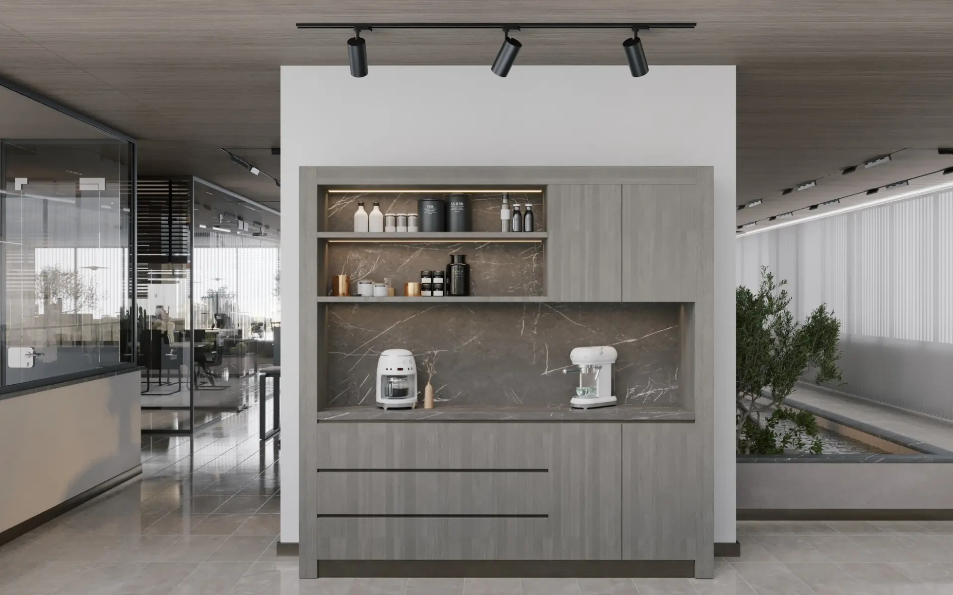 Custom office coffee point with stone and timber finishes