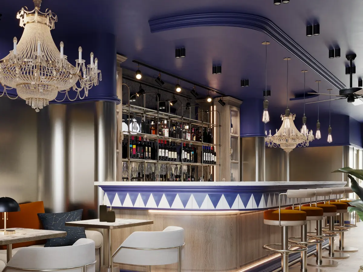 Refined hospitality interior with a custom bar, layered lighting, and material details