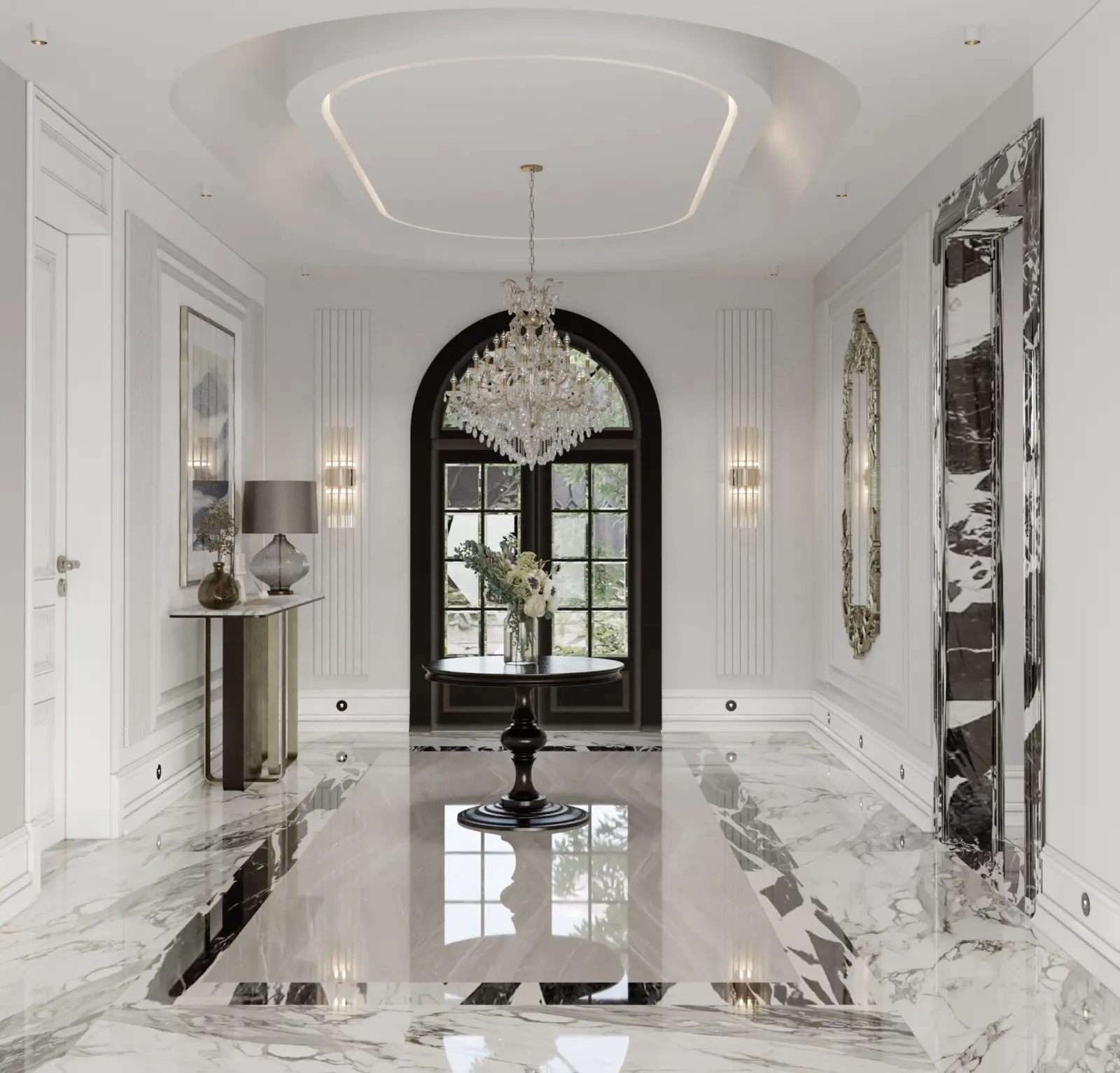 Elegant villa entrance hall with chandelier and marble flooring