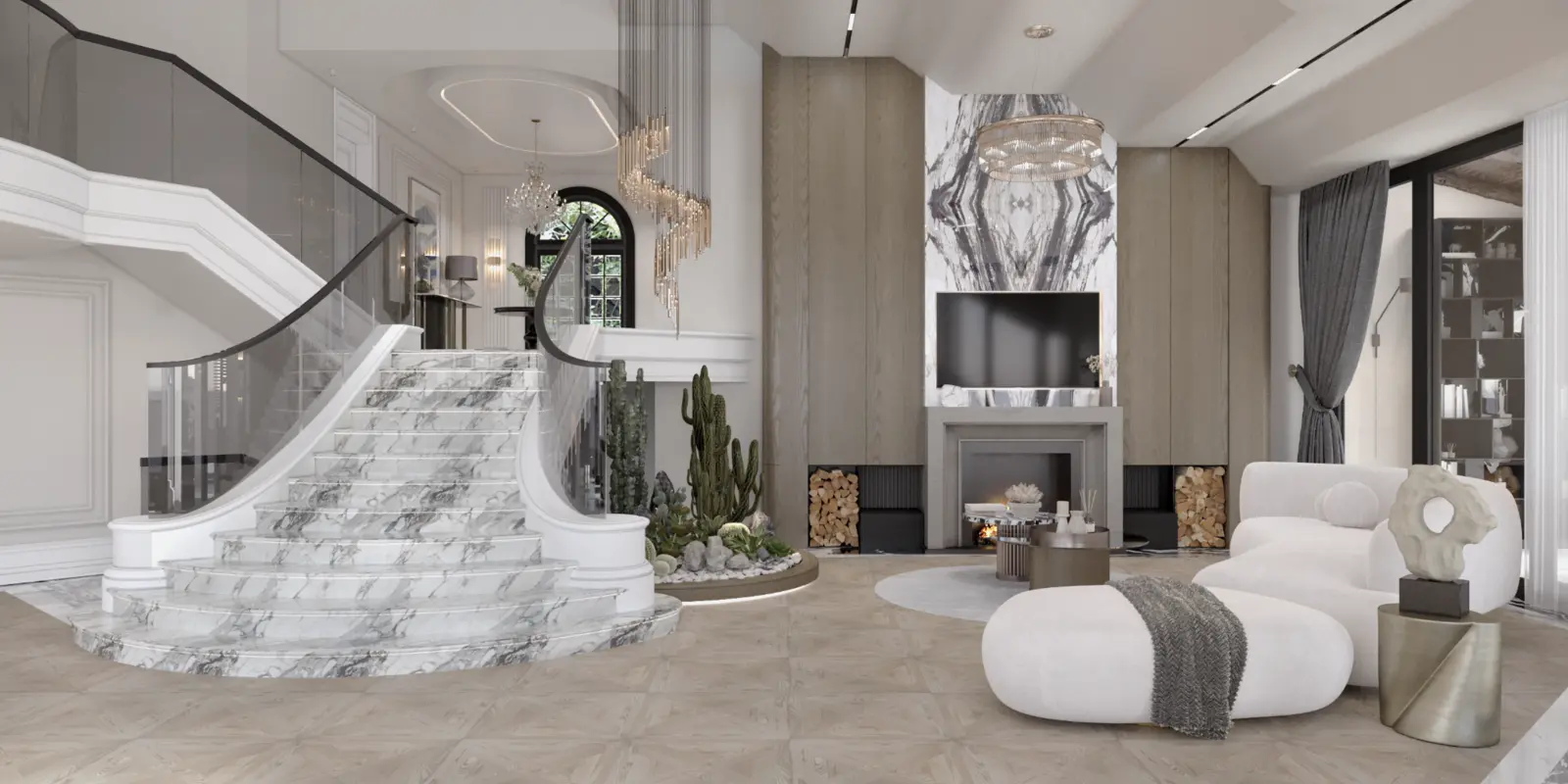 Luxury villa living room with sculptural marble staircase and fireplace