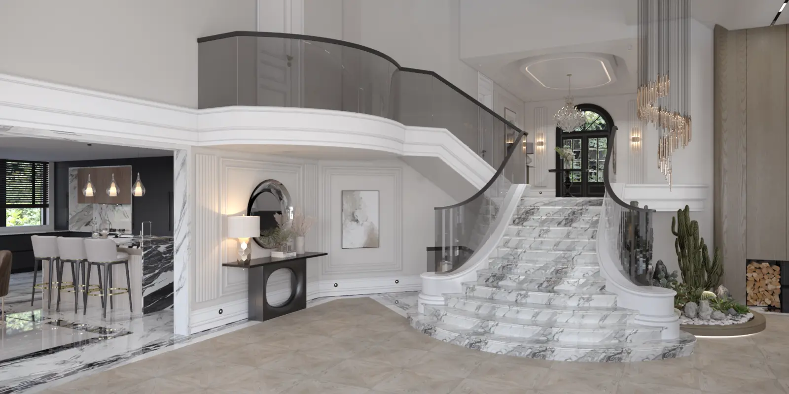 Grand curved staircase and refined villa interior