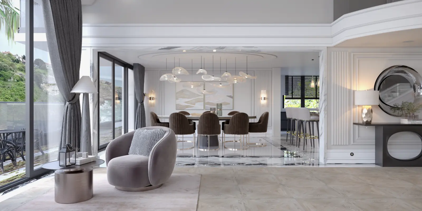 Open-plan villa living and dining area with custom lighting