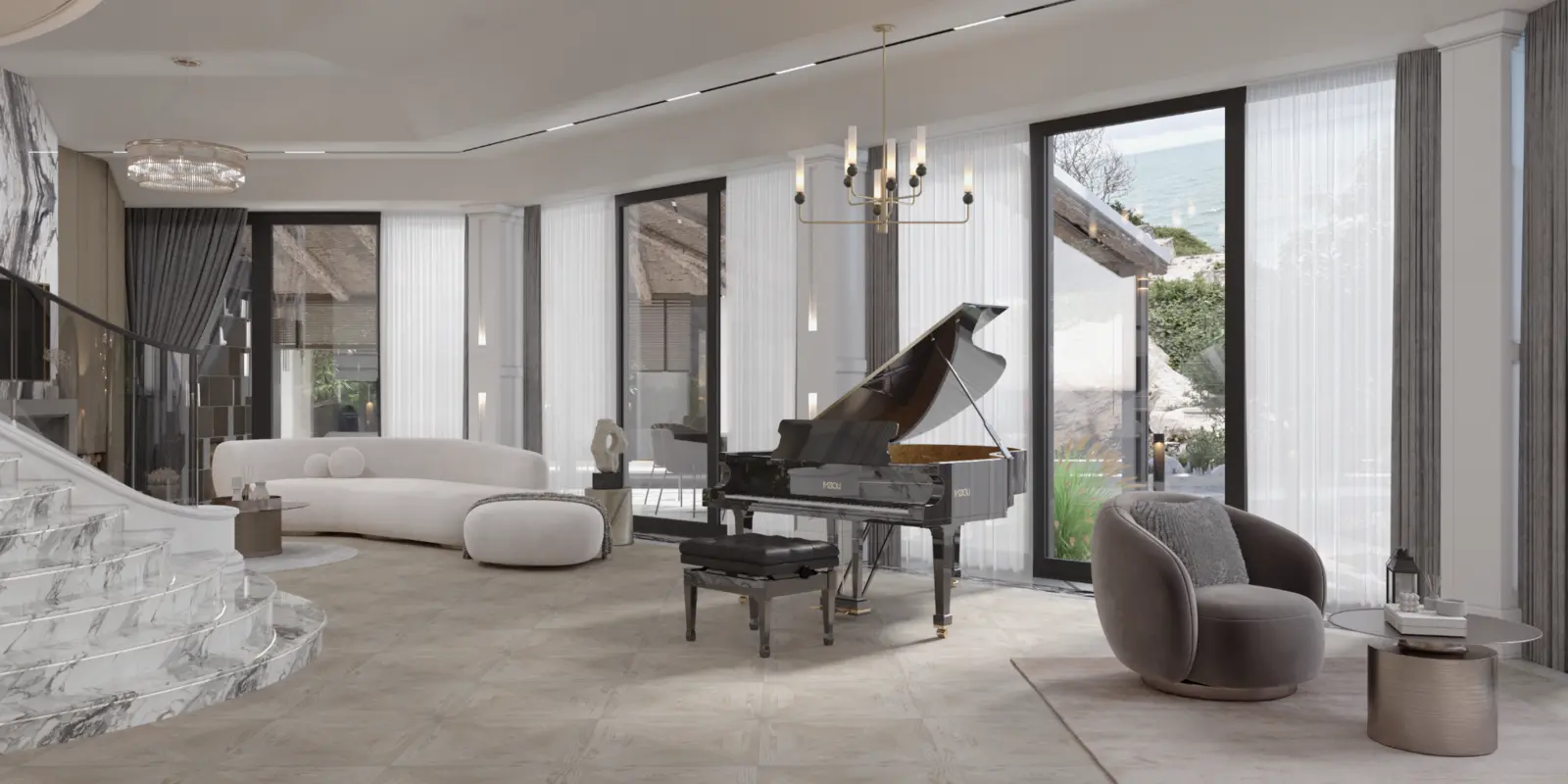 Luxury villa lounge with grand piano and floor-to-ceiling windows