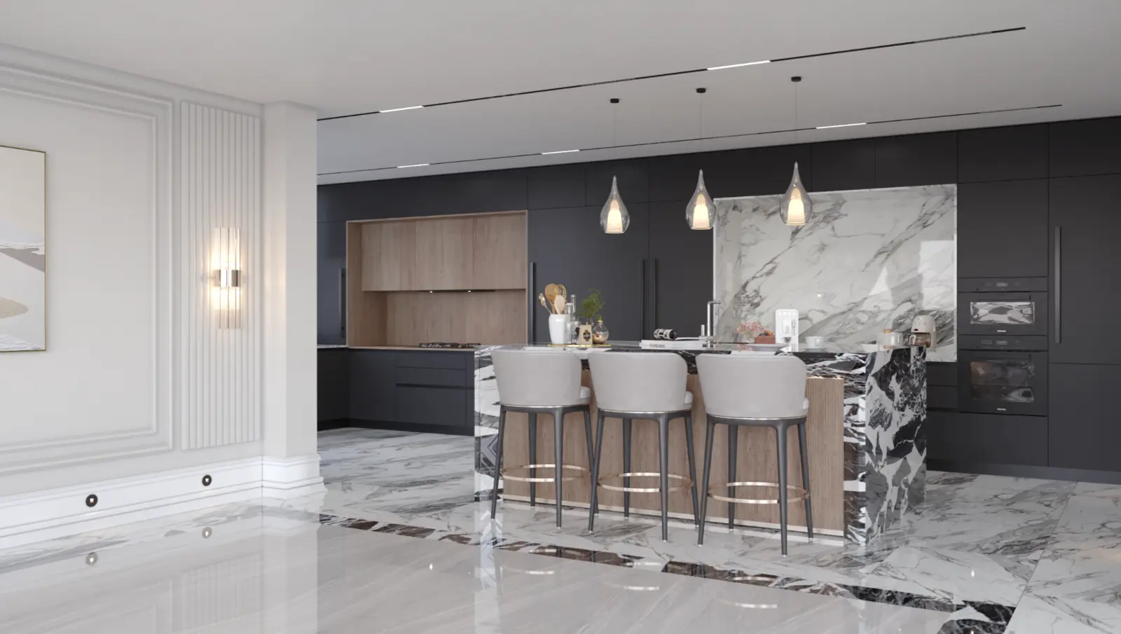 Contemporary villa kitchen with marble island and dark cabinetry