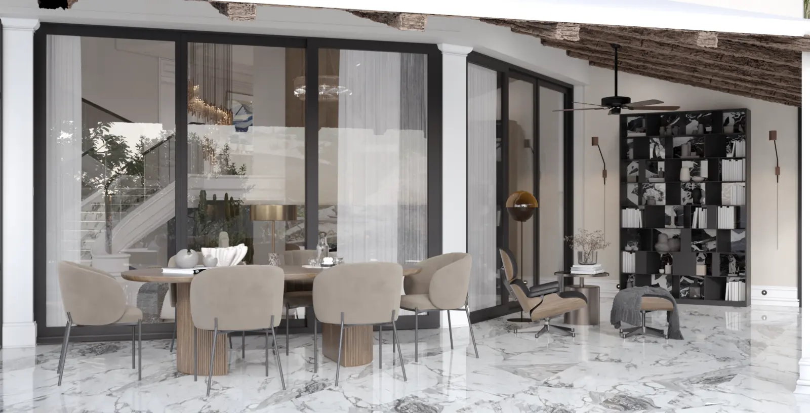 Villa dining and library area with bespoke furniture