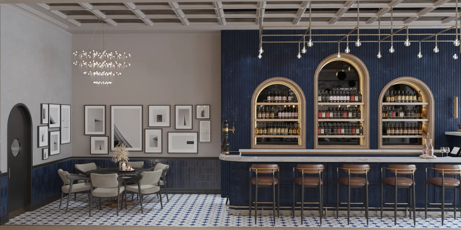 Paris steakhouse bar with navy joinery, brass arches, and custom lighting