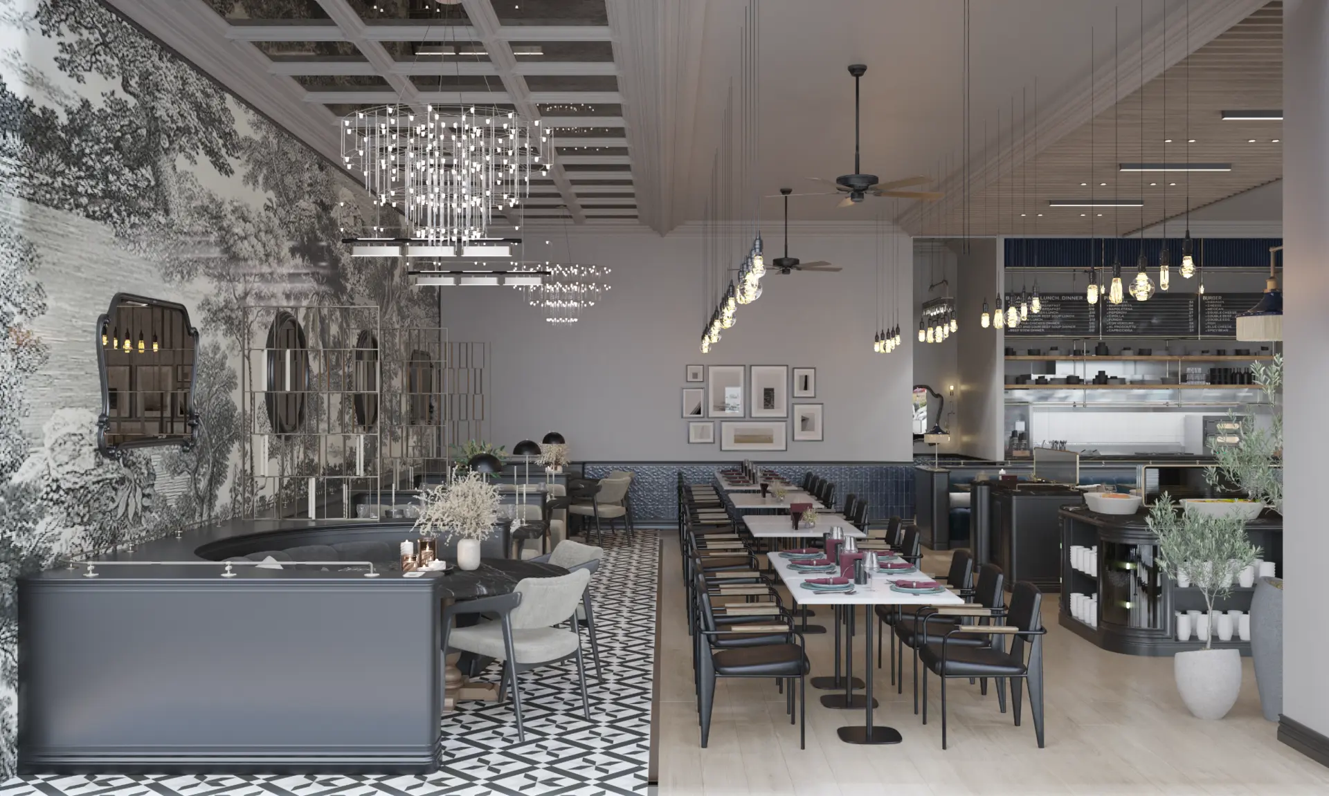 Paris steakhouse dining room with layered lighting and open kitchen