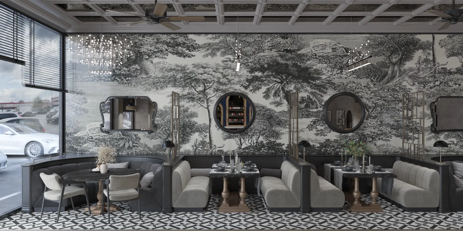 Steakhouse booth seating with panoramic mural and patterned floor