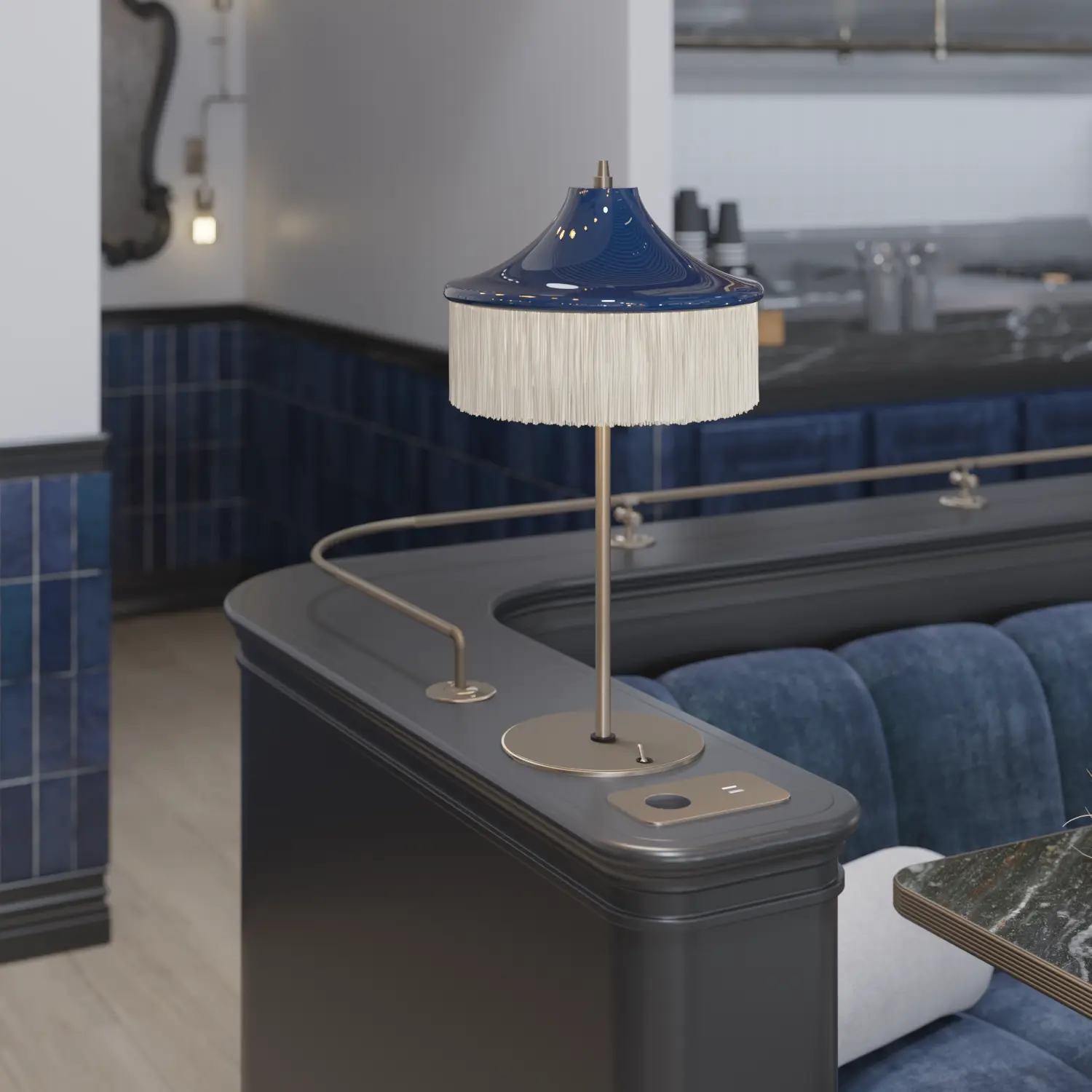 Custom blue and brass table lamp detail in the Paris steakhouse