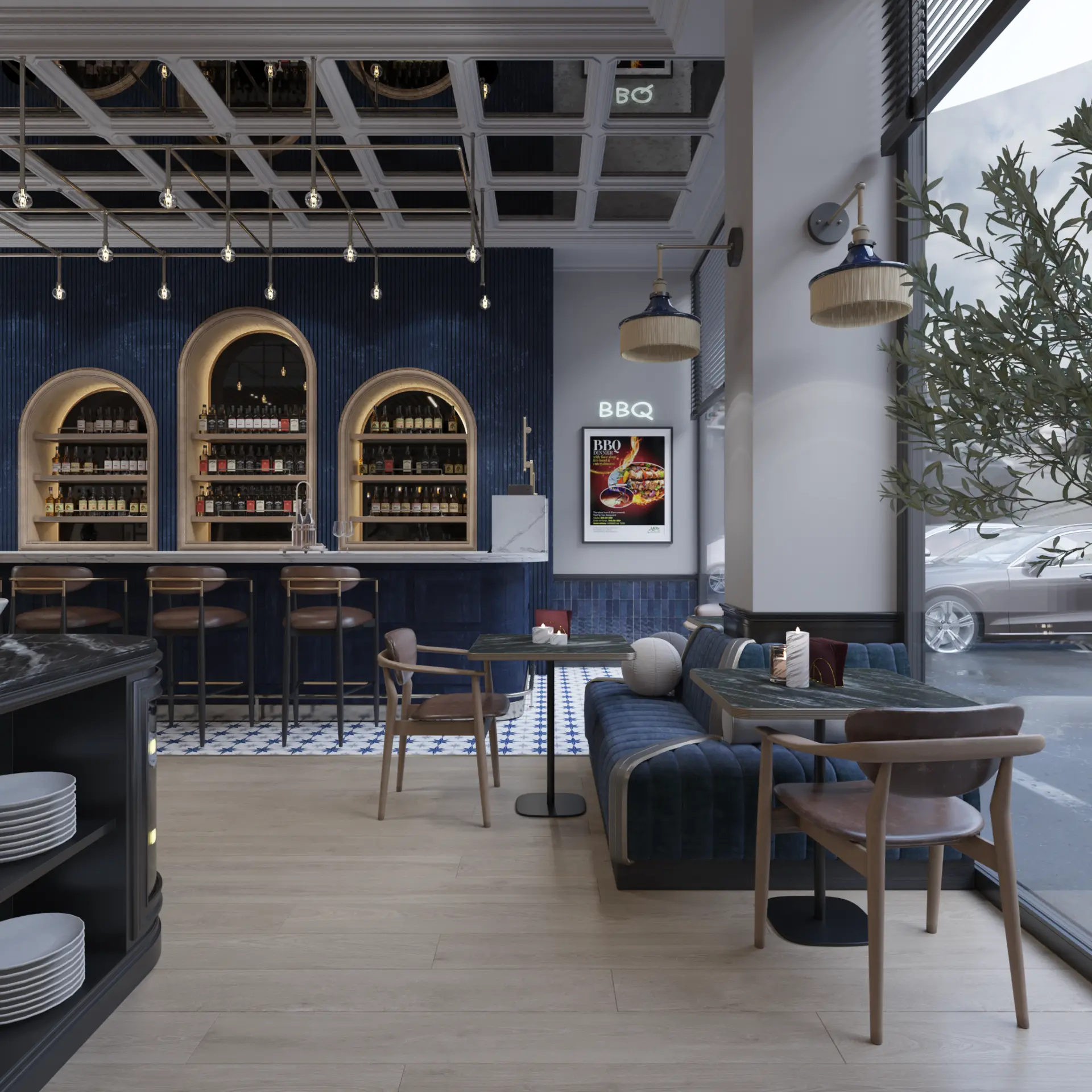 Window-side restaurant seating with navy upholstery and brass lighting