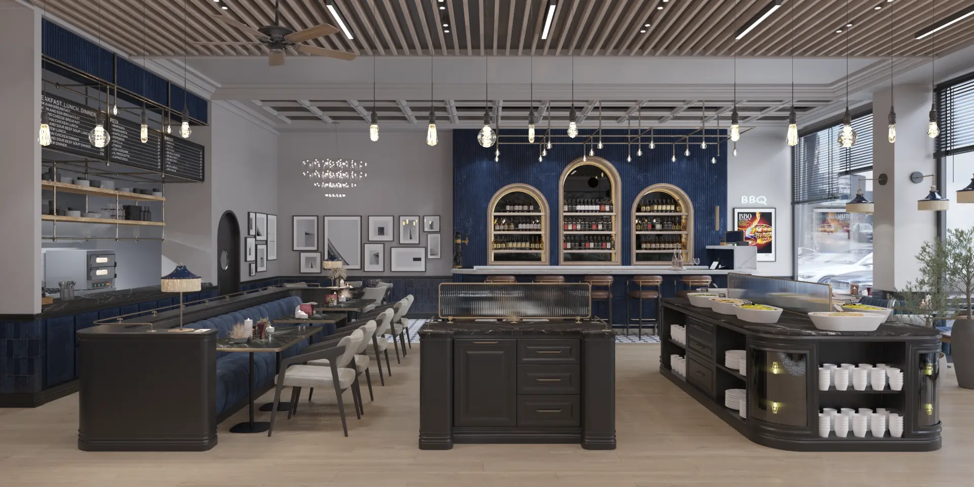 Wide interior view of the Paris steakhouse bar and dining zones