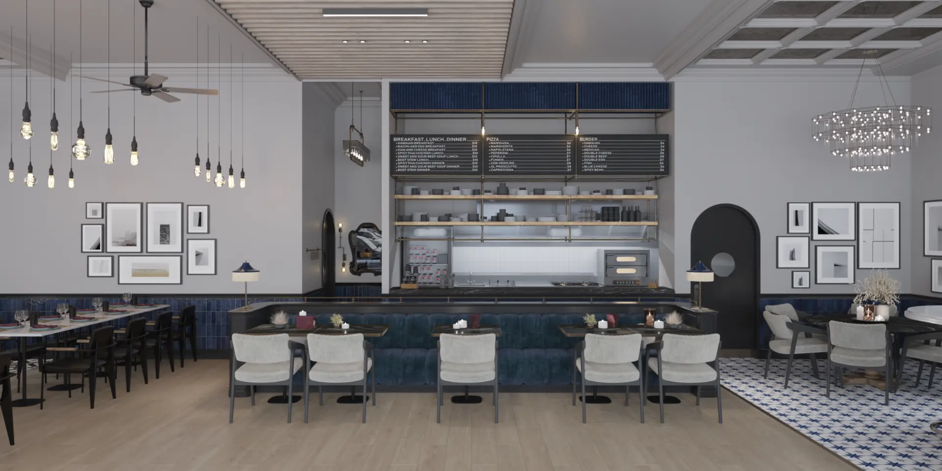 Open kitchen and dining area with bespoke furniture and lighting