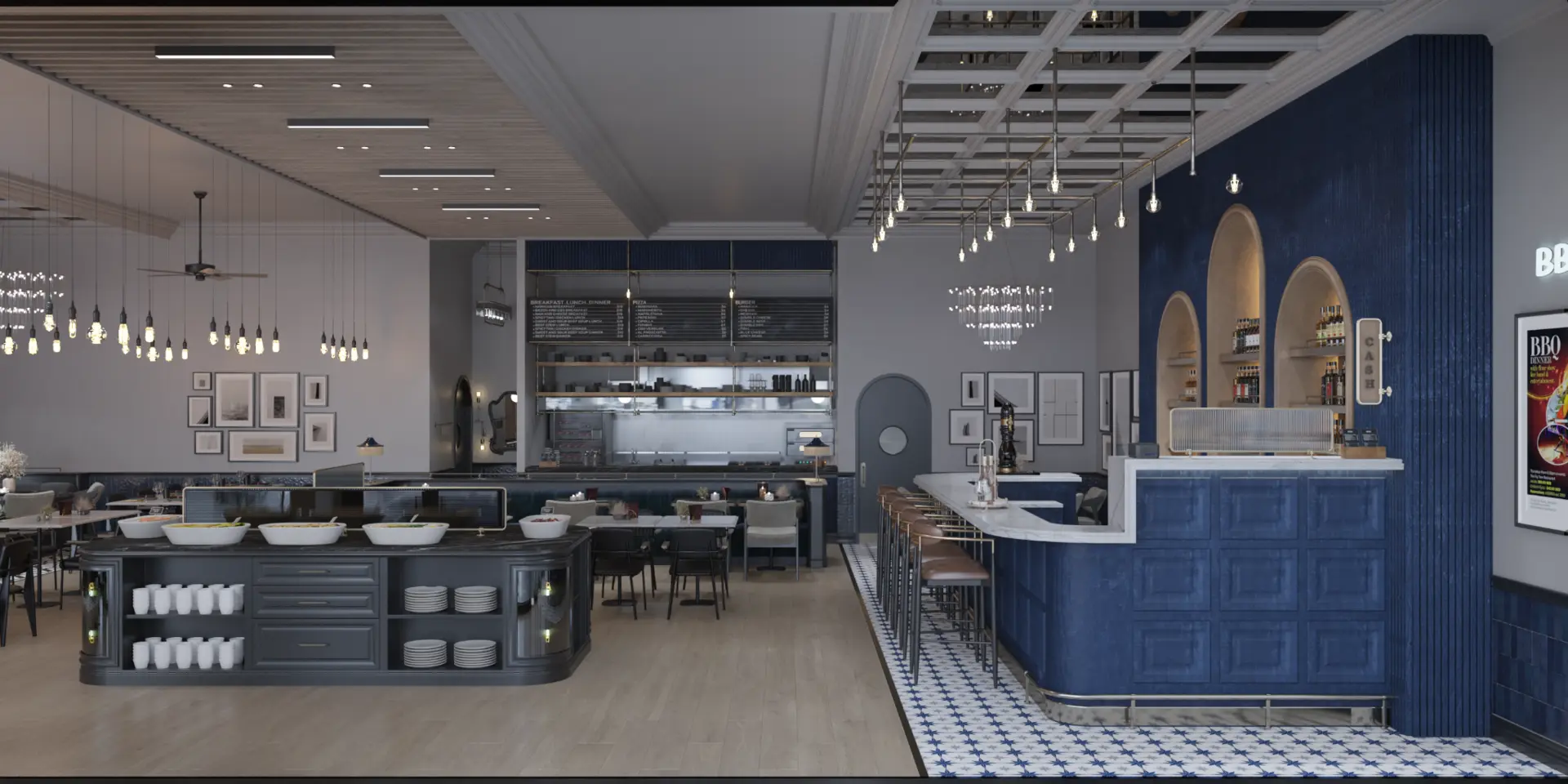 Bar overview with deep blue joinery, brass shelving, and patterned tile